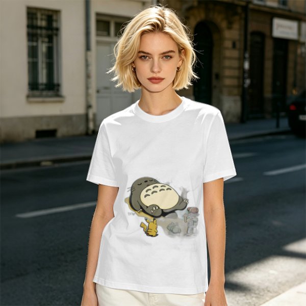 Olive T-shirt with Sleeping Totoro and Crossover Anime Characters Print