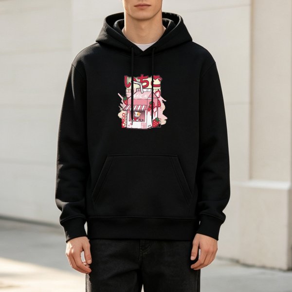 Black hoodie with cute strawberry milk carton cat graphic