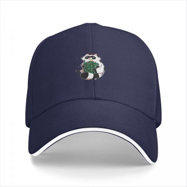 Black baseball cap with cute raccoon holding a decorated Christmas tree