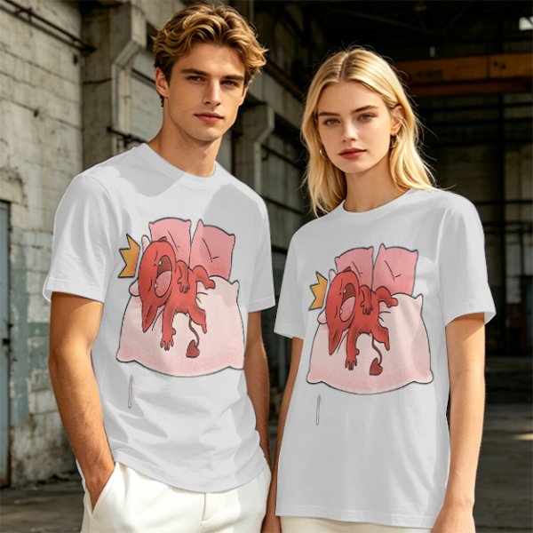 Olive T-Shirt With Cute Red Imp Yawning On Pillows Print