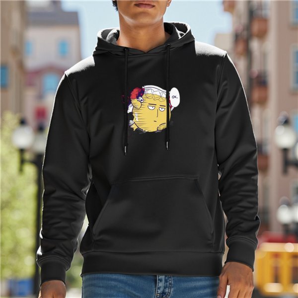Black hoodie with a bored anime-style character graphic print