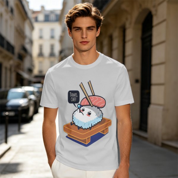 Olive T-Shirt With Sad Sushi Character Saying Thanks Chef Print