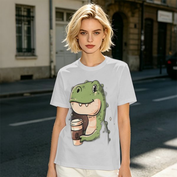 Olive T-shirt with Cute Dinosaur Holding Coffee Print