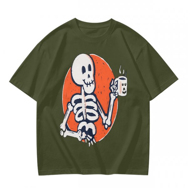 Olive Skeleton Holding Coffee Mug Graphic T-Shirt
