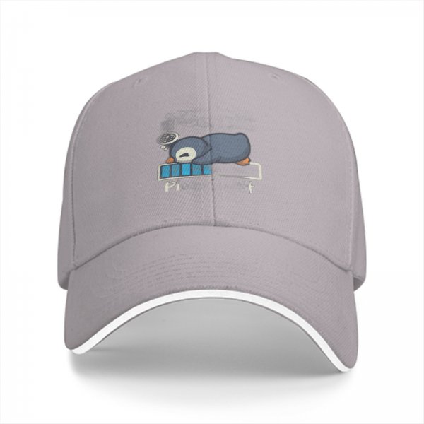 Black baseball cap with sleepy penguin low battery graphic