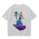 Olive T-shirt with Art Print of Girl Holding Blue Creature on Floating Rock