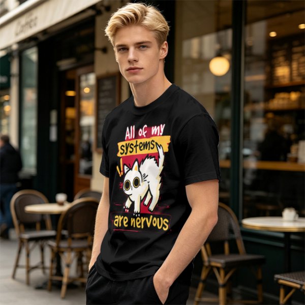 Olive graphic t-shirt with nervous white cat and 'All of my systems are nervous' text