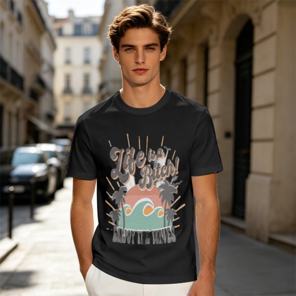Olive graphic t-shirt with tropical sunset wave and palm tree print