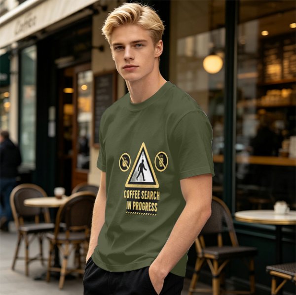 Olive T-Shirt With Coffee Search In Progress Warning Print