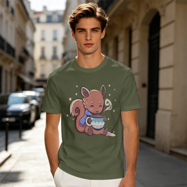 Olive T-Shirt With Cute Squirrel Holding Hot Drink Winter Art