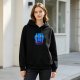 Black hoodie with blue Cheshire cat and silhouetted figures graphic