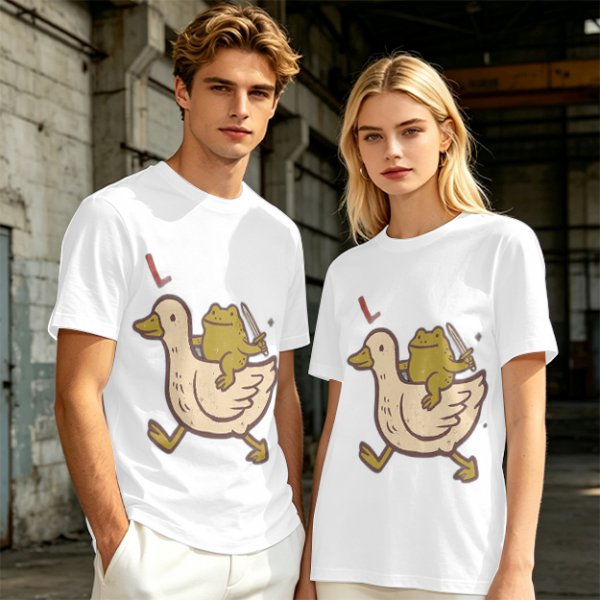 Olive T-Shirt Featuring Frog Riding Duck Holding Knife