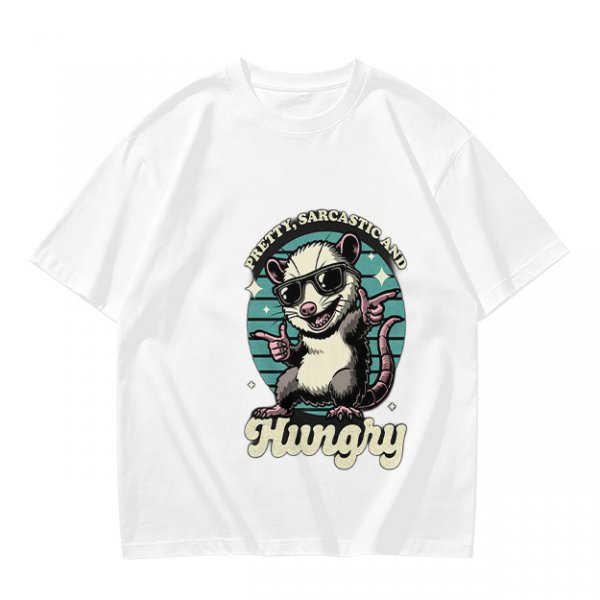 Olive graphic tee with sarcastic hungry opossum in sunglasses