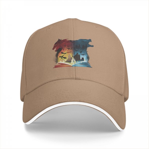 Black baseball cap with fantasy wolf and dragon book print design