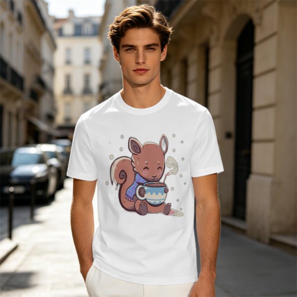 Olive T-Shirt With Cute Squirrel Holding Hot Drink Winter Art