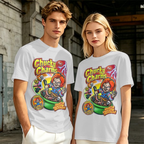 Chucky Charms Horror Cereal Themed Graphic T-Shirt