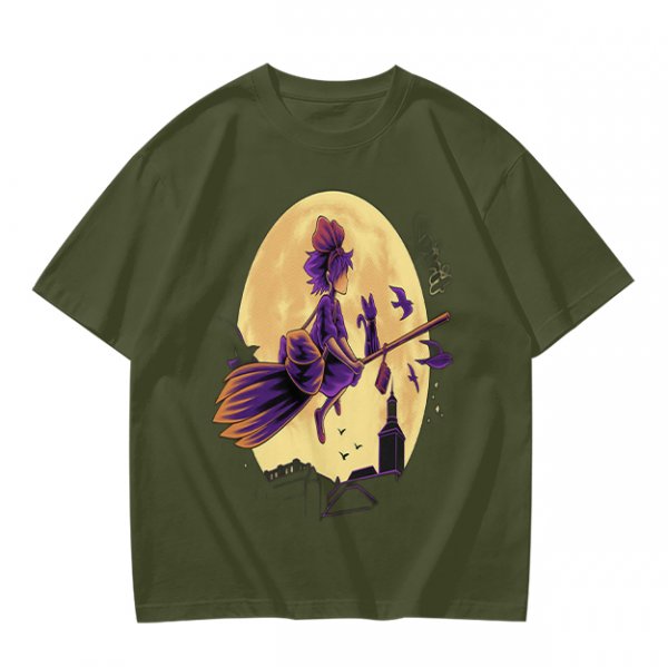 Olive t-shirt with witch flying on broom against full moon
