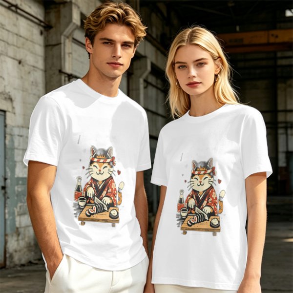 Olive T-Shirt Featuring a Cute Cat Sushi Chef Illustration