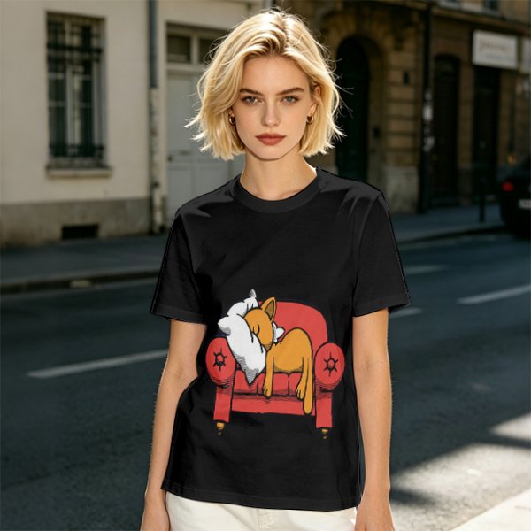 Olive green t-shirt with a sleeping orange cat on a red armchair print