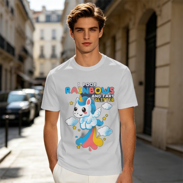 Olive t-shirt with playful unicorn rainbow poop and glitter fart graphic