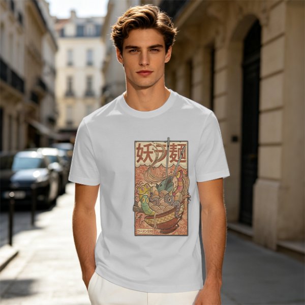 Olive T-shirt with Vintage Yokai Ramen Bowl Graphic Print