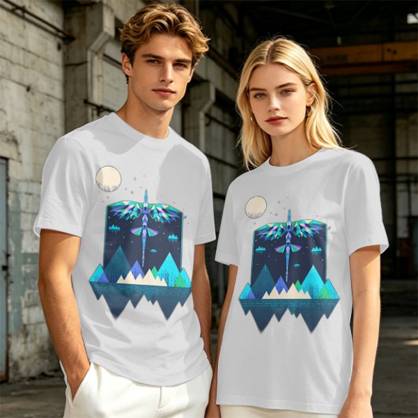 Olive T-Shirt With Geometric Dragonfly Mountain Night Scene Print