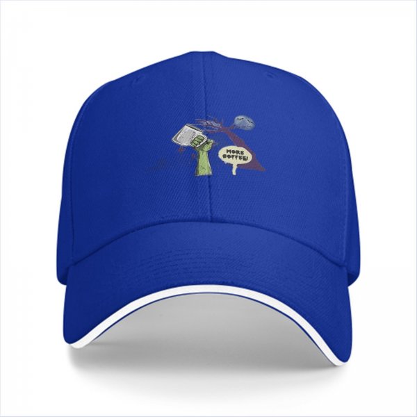 Black baseball cap with 'More Coffee!' monster graphic print