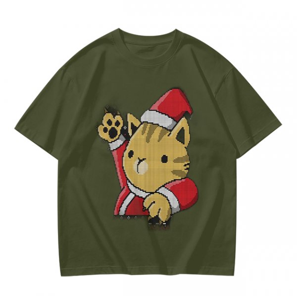 Olive Green T-Shirt With Waving Christmas Cat Graphic