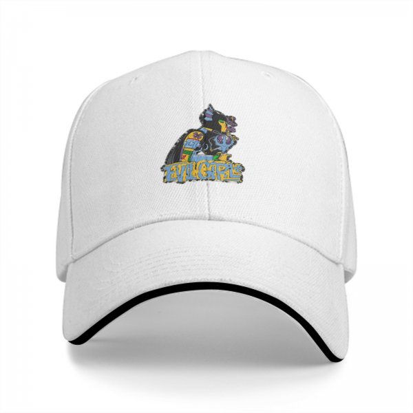 Black baseball cap with colorful cat graphic and Evil Girls text