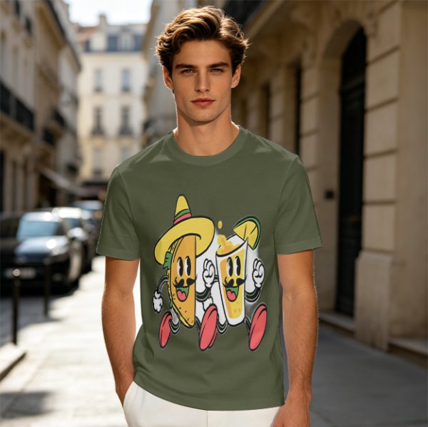 Olive T-Shirt with Cartoon Taco and Beer Graphic