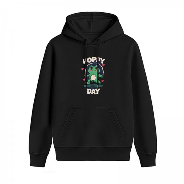 Black hoodie with cute frog 'Hoppy Day' graphic print
