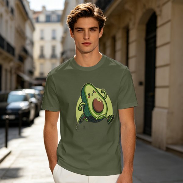 Olive Green T-Shirt with Cute Running Avocado Graphic