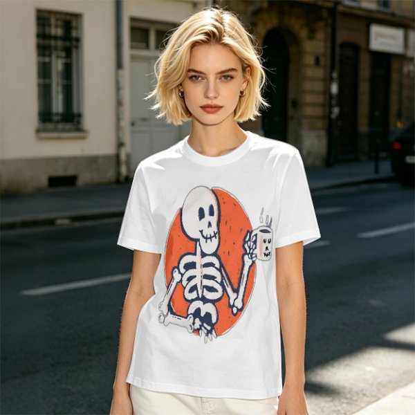 Olive Skeleton Holding Coffee Mug Graphic T-Shirt