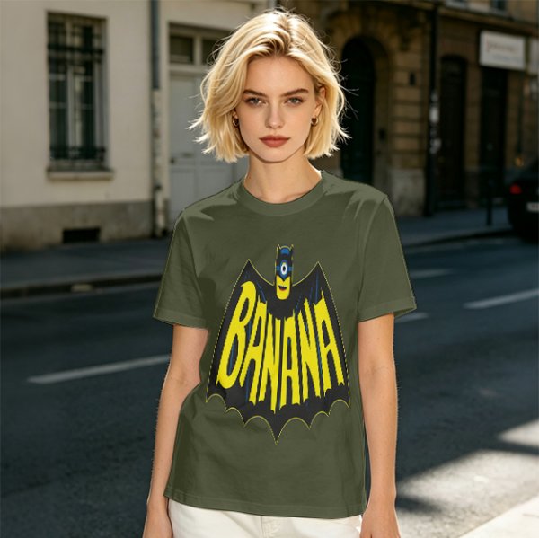 Olive green t-shirt with banana bat logo graphic