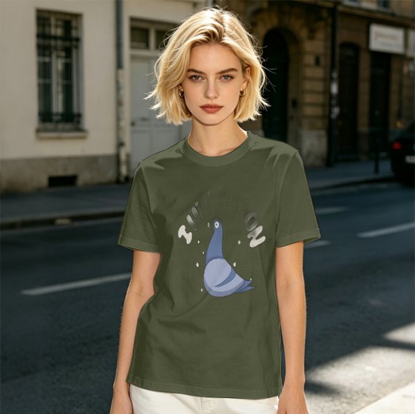 Olive green graphic t-shirt with cartoon pigeon print