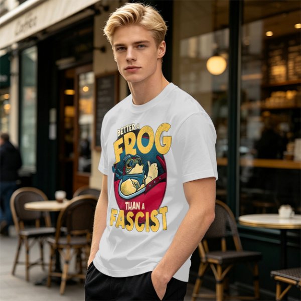 Olive graphic t-shirt with 'Better a Frog Than a Fascist' pilot frog design