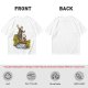 Olive T-shirt with fantasy characters balancing on a log over a stream