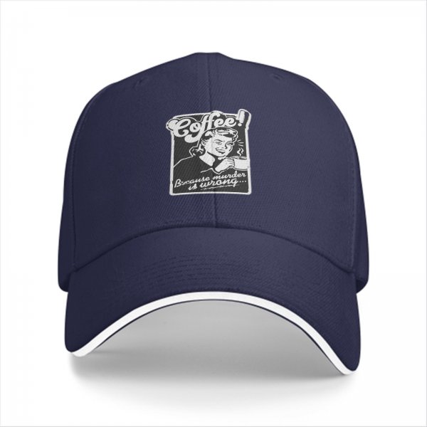 Black baseball cap with 'Coffee! Because murder is wrong' retro print