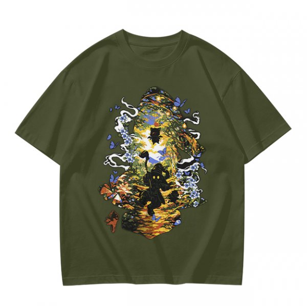 Olive Green T-Shirt With Mystical Cat Silhouette Graphic Print