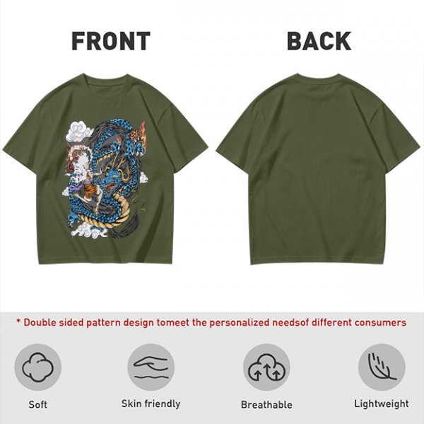 Olive Anime Dragon Graphic Short Sleeve T-Shirt