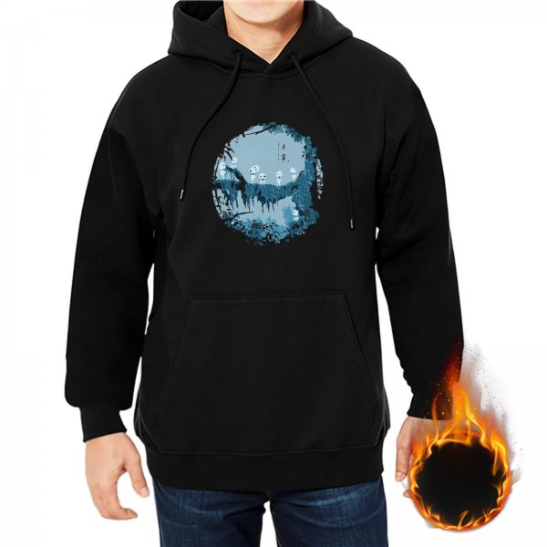 Black hoodie with forest spirit kodama graphic print