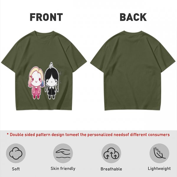 Olive T-Shirt with Chibi Wednesday Addams and Enid Sinclair Print