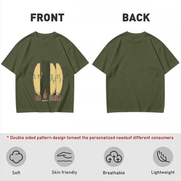 Olive T-Shirt With Funny Taco Characters Around A Campfire