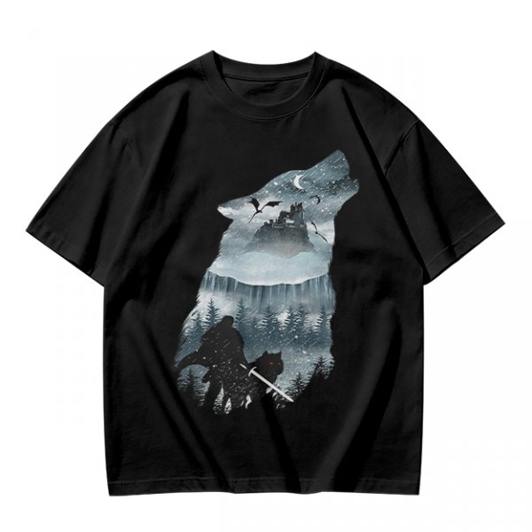 Olive T-Shirt With Howling Wolf Silhouette Winter Fantasy Art Print
