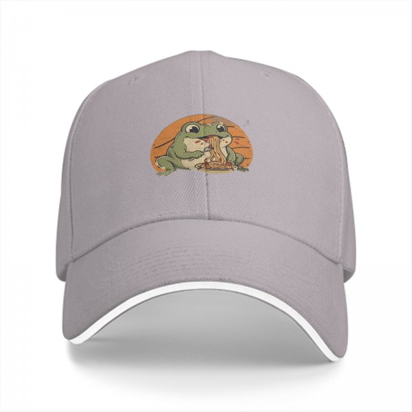 Black baseball cap with a cute frog eating spaghetti graphic