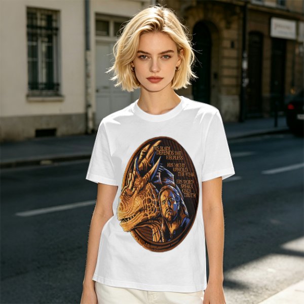 Olive T-Shirt With Dragon And Warrior Fantasy Art Print