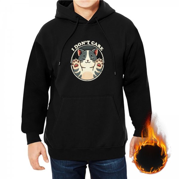 Black hoodie with a playful cat graphic and 'I DON'T CARE' text