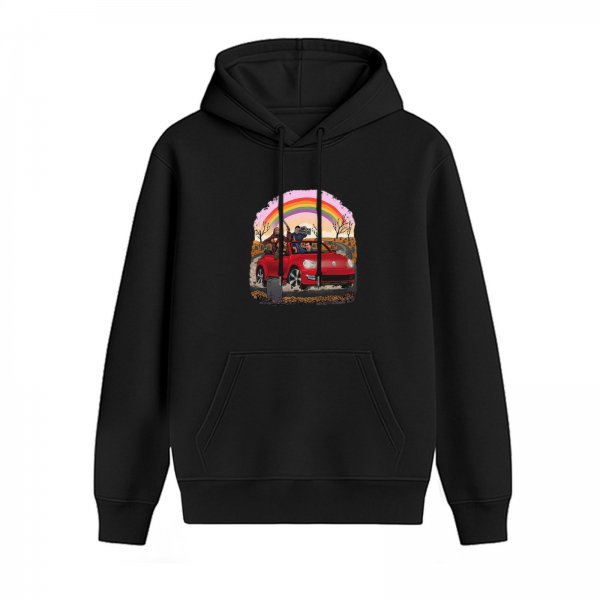 Black hoodie with red convertible car and rainbow graphic print