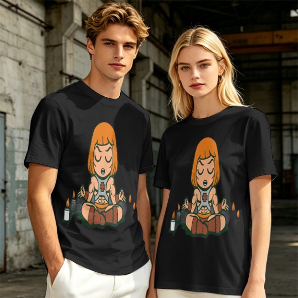 Olive T-shirt with cartoon muscular character meditating surrounded by candles