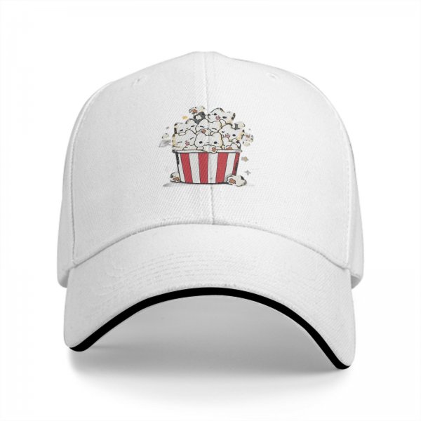 Black baseball cap with cute cat popcorn bucket graphic